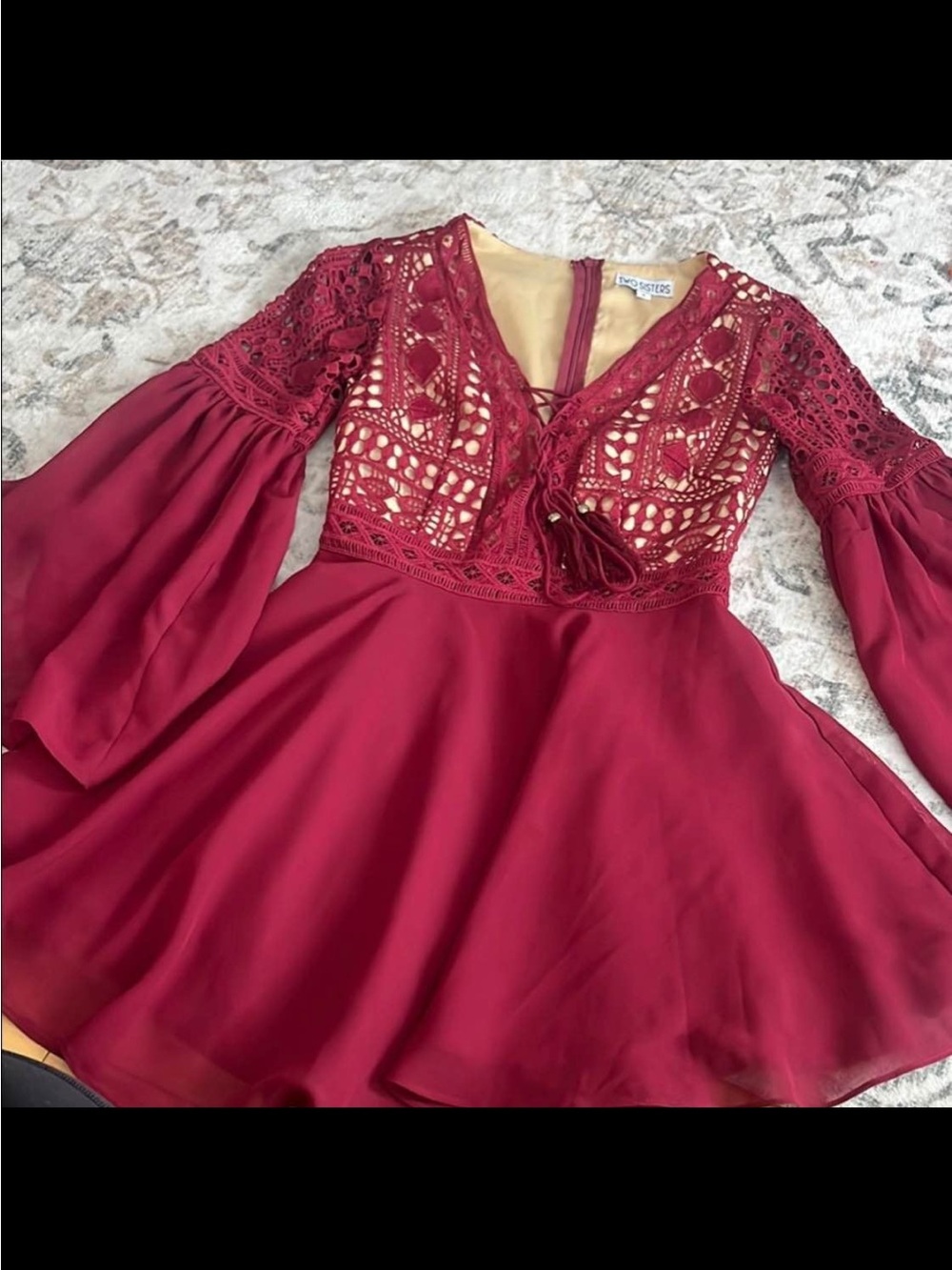 Women's Wine Lace Bodice Long Sleeve Dress - Two Sisters